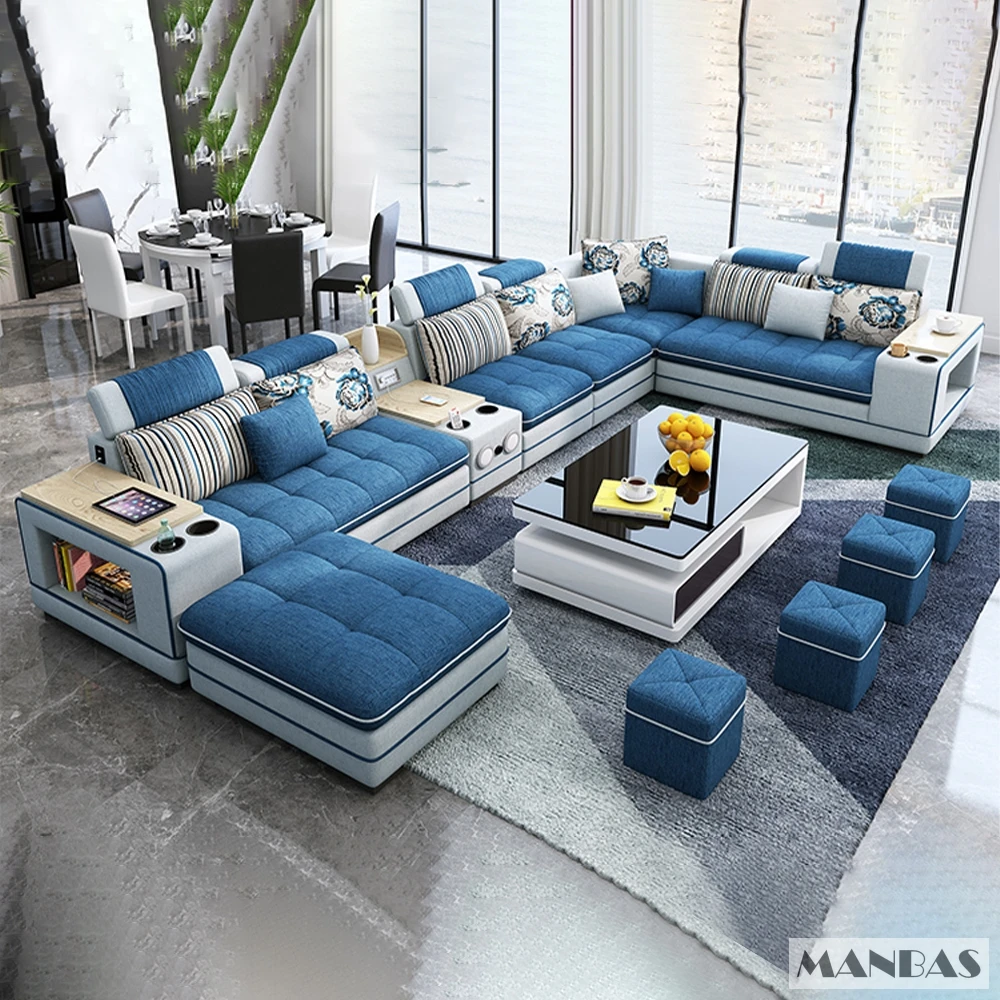 MANBAS Modern Fabric Sofa Set with Bluetooth Speaker Sound System - Living Room Sofas Big U Shape Corner Cloth Couch with Stools