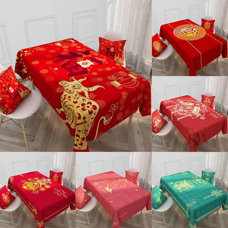 Year of The Ox Waterproof Tablecloth Red Fu Word Taurus Series Waterproof Table Cloth New Year Family Tea Nappe De Table Nappe