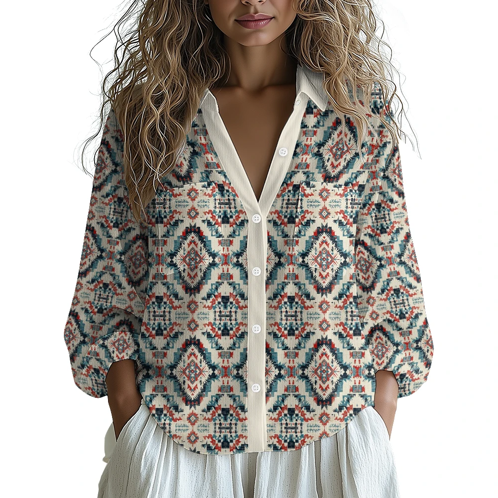 

Женская рубашка с длинными рукавами в этническом стиле и ацтекским геометрическим узором, с принтом спереди, с двумя карманами, на пуговицах, в стиле ретро, в этническом стиле, в повседневном стиле