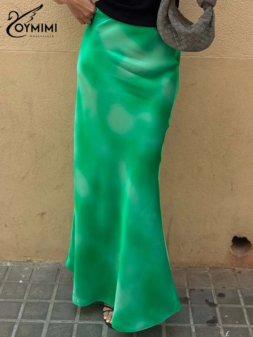 

Oymimi Women's Green Premium Luxurious Satin Maxi Skirt 2026 Spring High Waist Flowy Mermaid Hem Modern Effortless Sexy Outfit