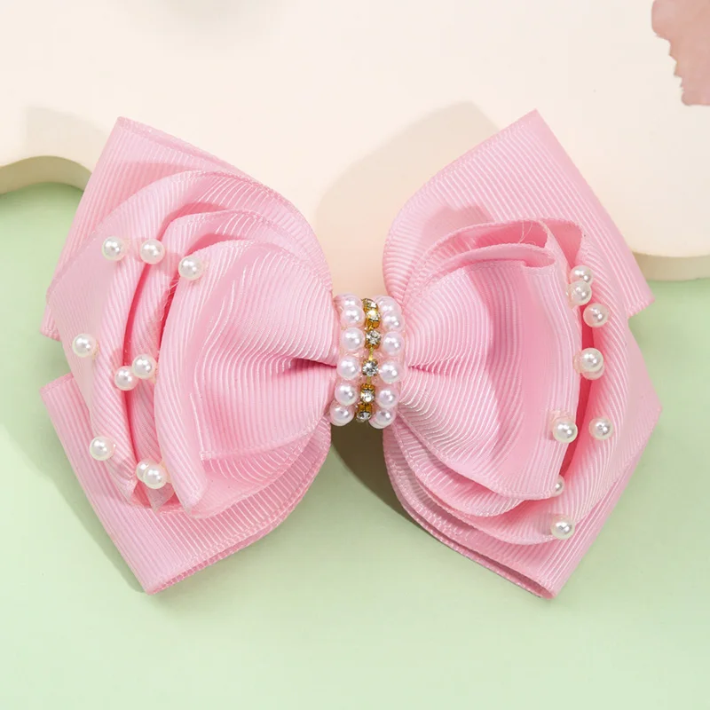 Sweet Pearl Hair Bow Clips Boutique Pink Rhinestone Bowknot Hairpins Girls Hair Styling Tools Headwear Kids Hair Accessories