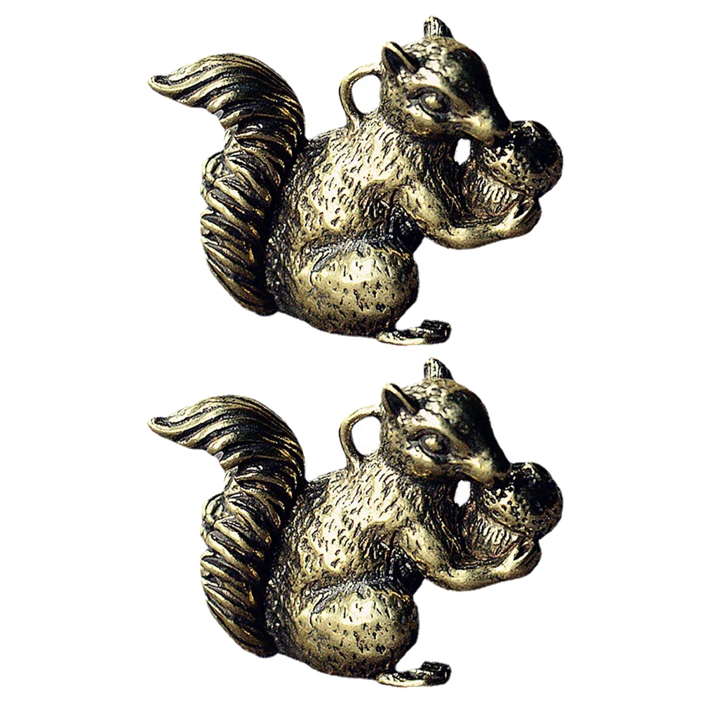 2 Pcs Squirrel Brass DIY Pendant Vintage Keychain Charm Desktop Adornment Craft Decor Ornament