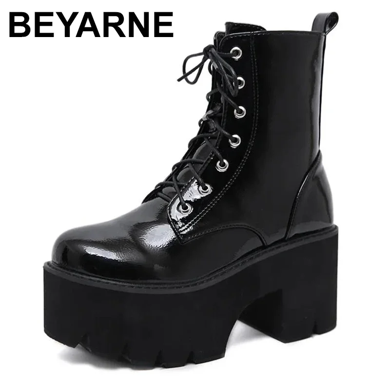 Woman Lace Autumn Boots Womens Ladies Chunky Wedge Platform Black Patent Leather Ankle Boots Punk Goth New Arrival