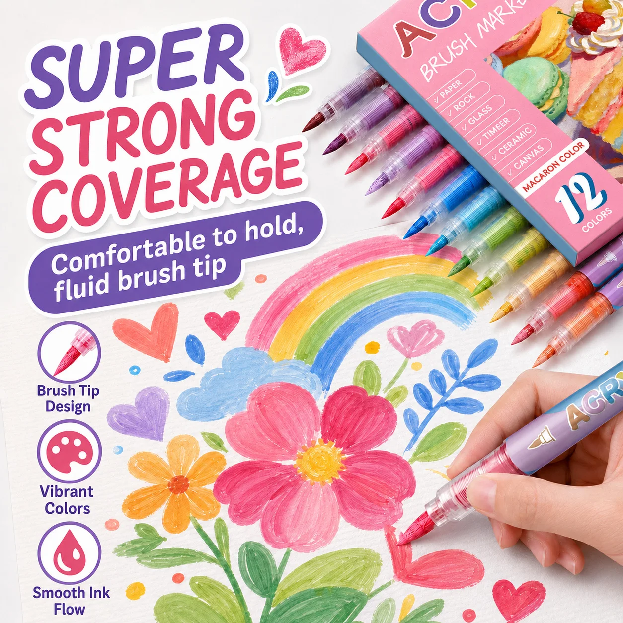 12 Colors Acrylic Marker Set Permanent Markers with Brush Tip Acrylic Painting Marker for Rock Glass Ceramics Canvas Wood Fabric