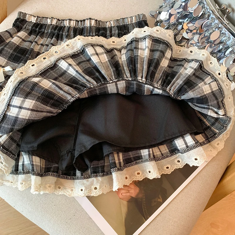 Doux Preppy Mini jupe femmes nœud Plaid dentelle Patchwork taille haute gâteau jupes étudiant Kawaii une ligne plis printemps été jupes