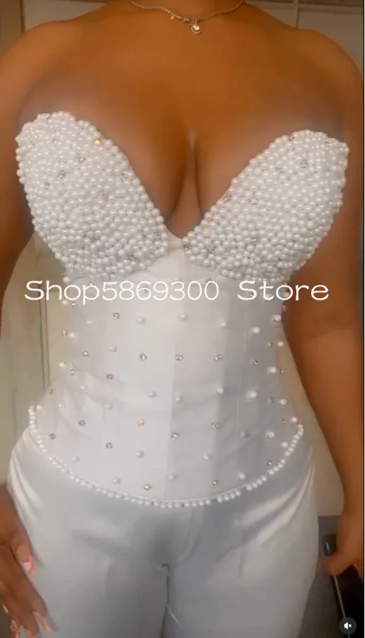 Beach Garden Jumpsuit Wedding Dresses Sweetheart Boning Top Pearls Beaded Aso Ebi Bride Gown Outfit Pant Suit Customsized