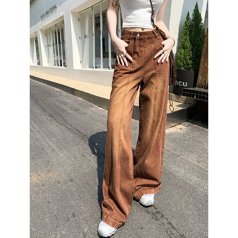 

2024 New Summer Women Jeans High Street Retro Brown Jeans Woman Trendy Design Straight Loose Wide Leg Women's Clothing