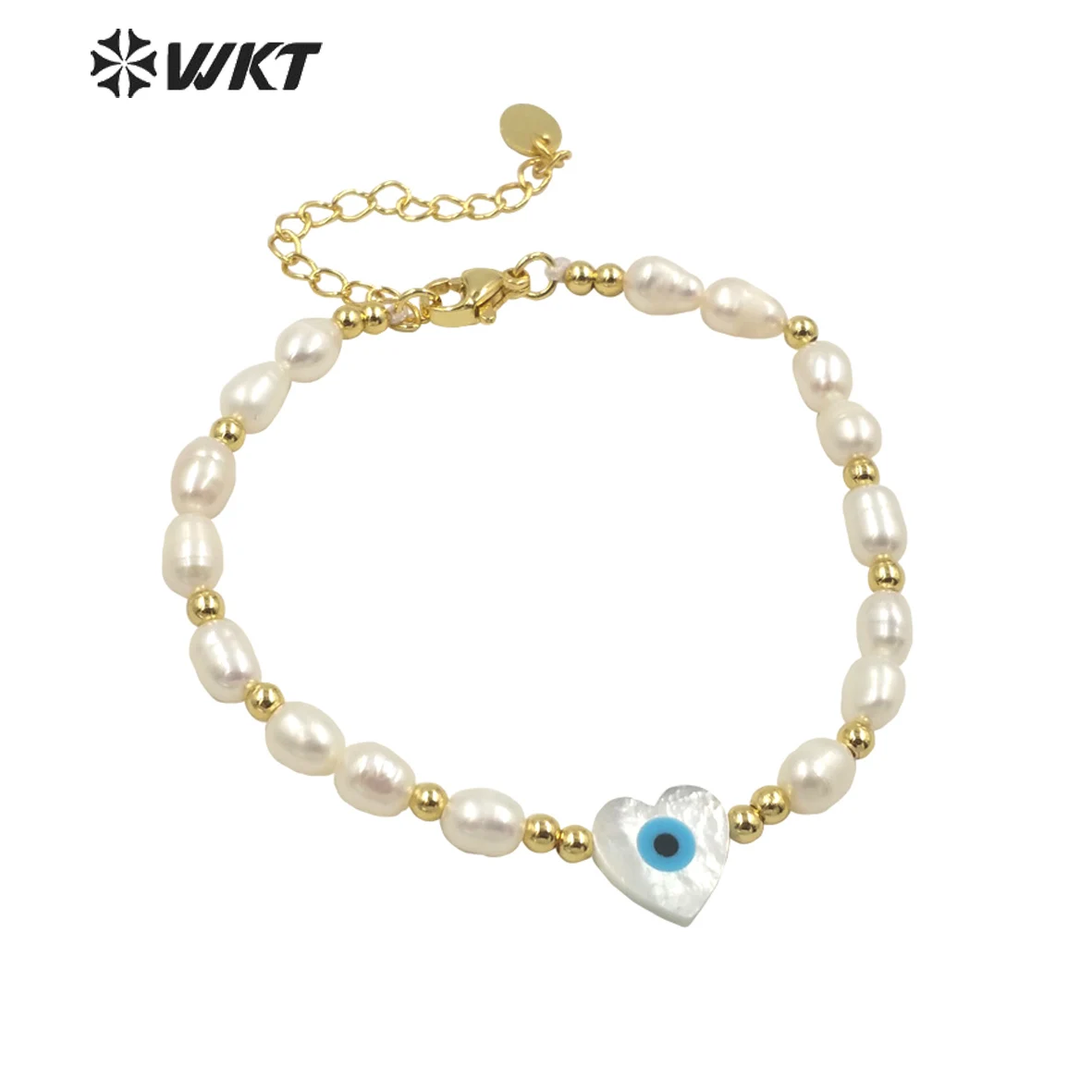 WT-MPB060 Newest fashion gold rice shape Pearl Eye Bracelets Gorgeous Natural Heart Shell eye charm bracelets for Lady