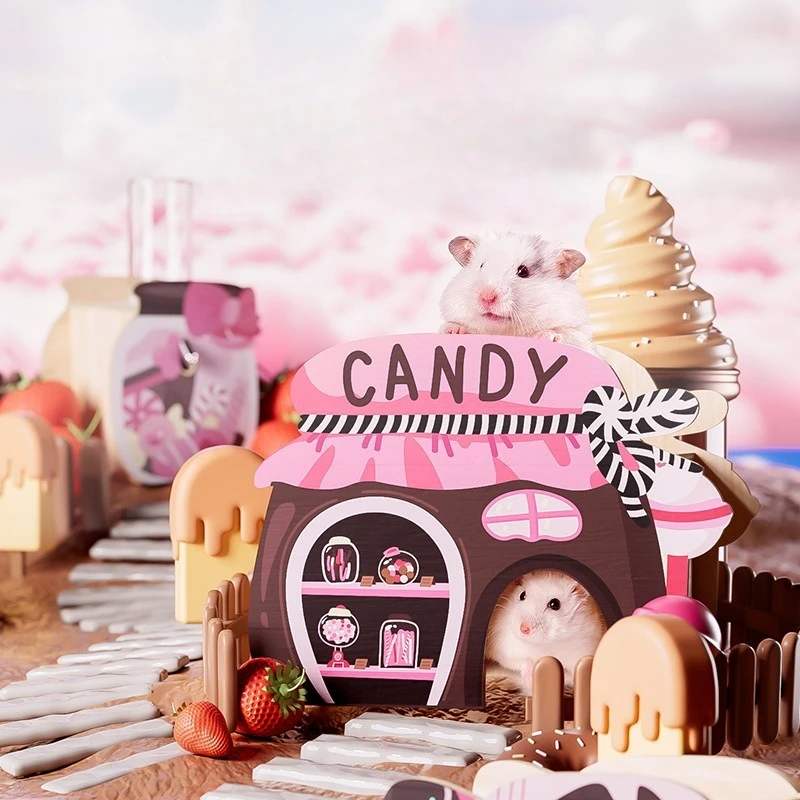 Mainan Tempat Persembunyian Gaya Toko Permen Hamster Dekorasi Kandang Platform Tangga Roda Lari Aksesori Rumah Taman Bermain Hewan Peliharaan Kecil Desain Lucu