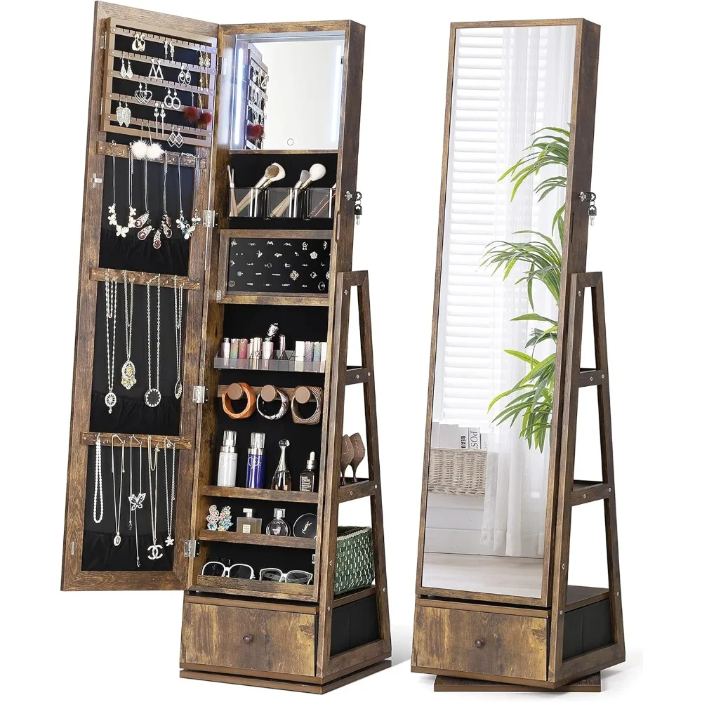 360° Swivel Jewelry Armoire with Lighting, Touch Screen Dresser Mirror, Swivel, Vertical Jewelry Armoire Organizer