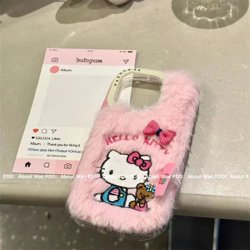 Sanrio HelloKitty plush mobile phone case Cartoon Anime periphery cute new Apple iPhone 16/15/14pro protective case