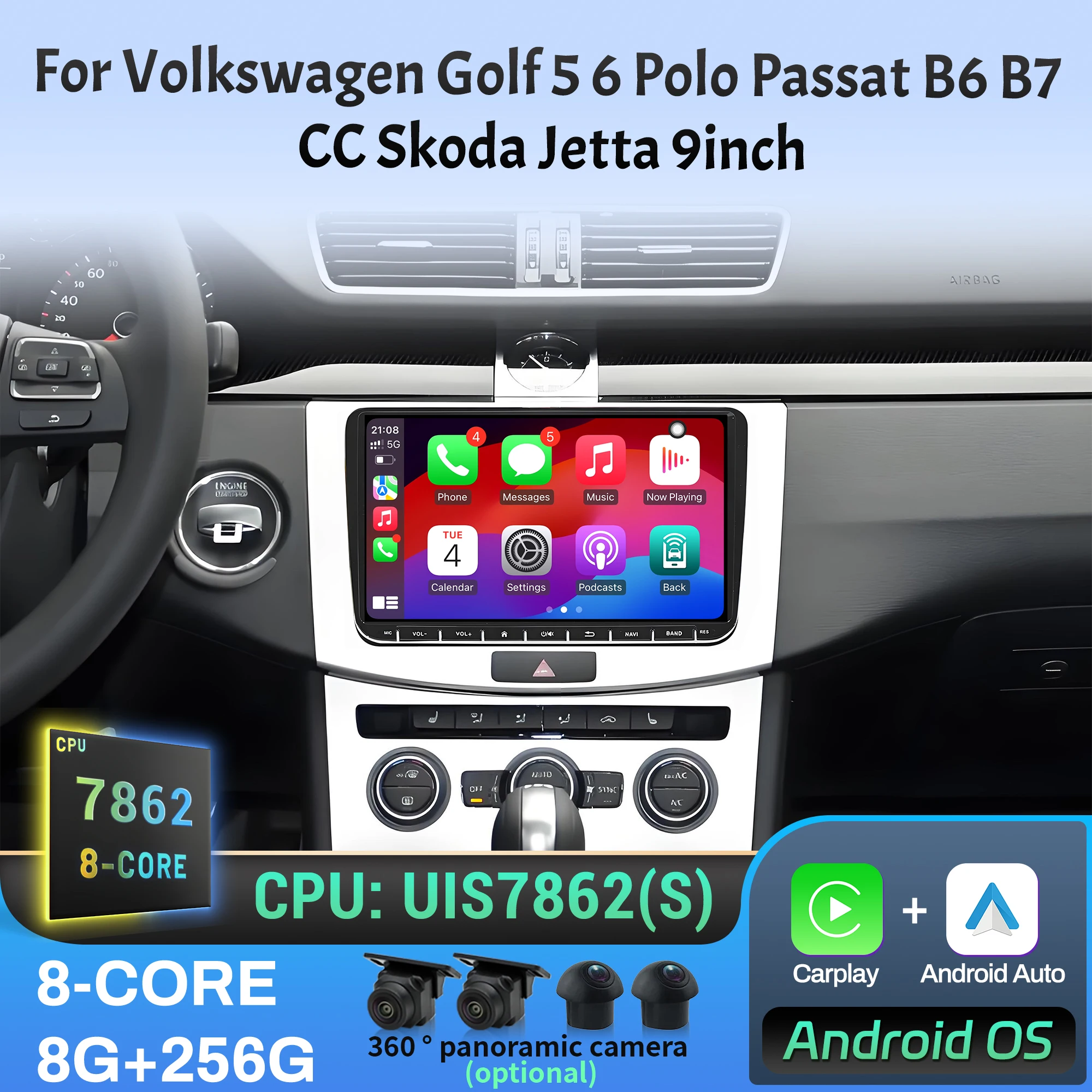 9 inch Car Radio GPS For Volkswagen Golf 5 6 Polo Passat B6 B7 CC Skoda Jetta Wireless Bluetooth CarPlay Head Unit Touch Screen