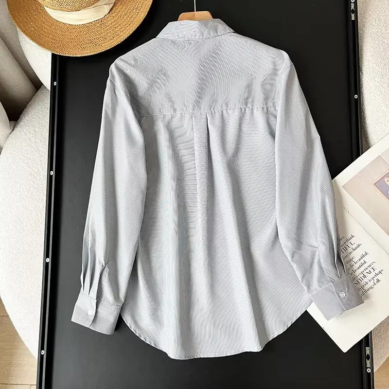 Dave&Di Minimalist Fashion Pocket Long Sleeve Women's Shirt Women Stripe Fit Elegant Blouse Top