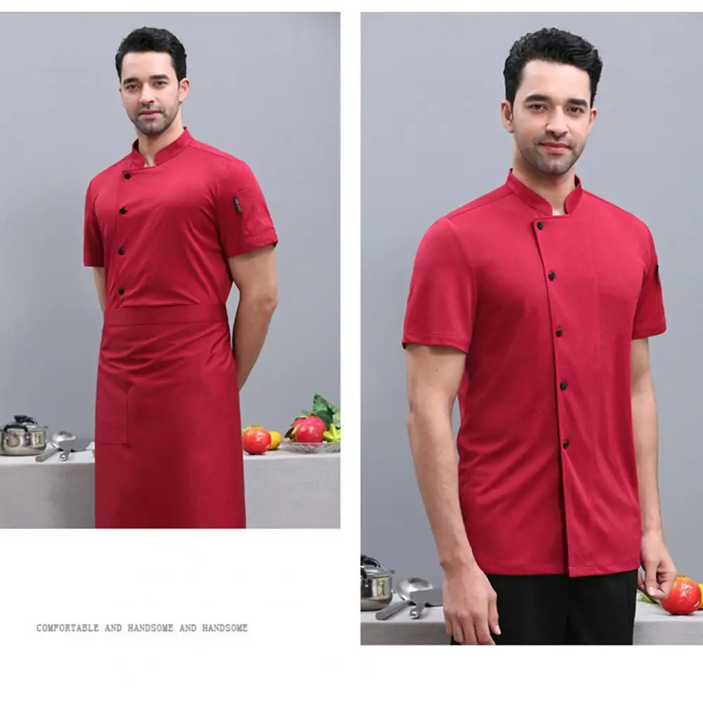 Camisa de Chef Unisex resistente a las manchas con cuello levantado para cocina, panadería, restaurante, Cocinero de manga corta para camareros