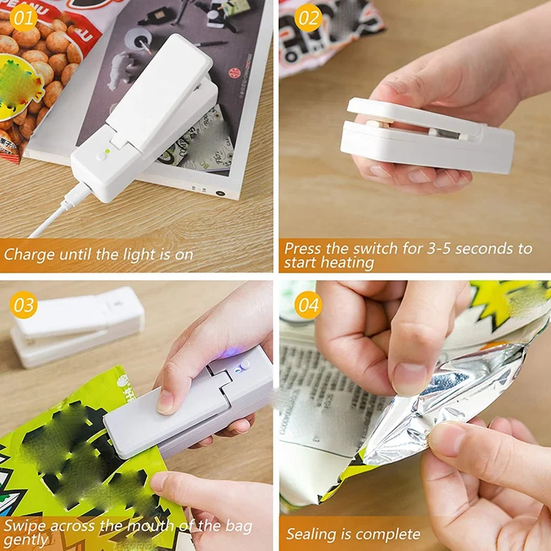 Mini Bag Sealer,Rechargeable Quick Heat Vacuum Sealer Seals For Plastic Chip Snack Fresh Bags Helps Preservation Storage