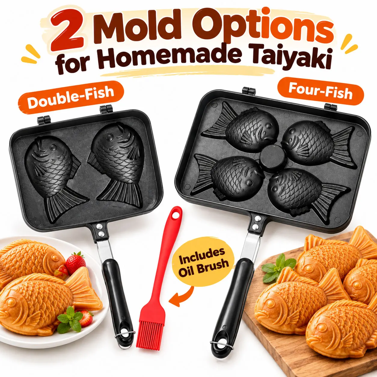 Sartén para Taiyaki con 2/4 orificios, máquina para hacer gofres con forma de pez japonés, molde para pasteles de doble cara, sartén para hornear, apta para cocinas de gas.