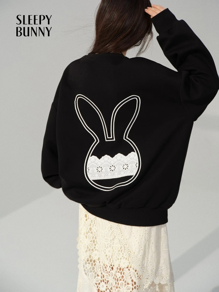 

Cute Embroidered Bunny Sweatshirt Black Loose Pullover Top Soft Cozy Casual Long Sleeve Knitwear Women Fall Lazy Style Outfit