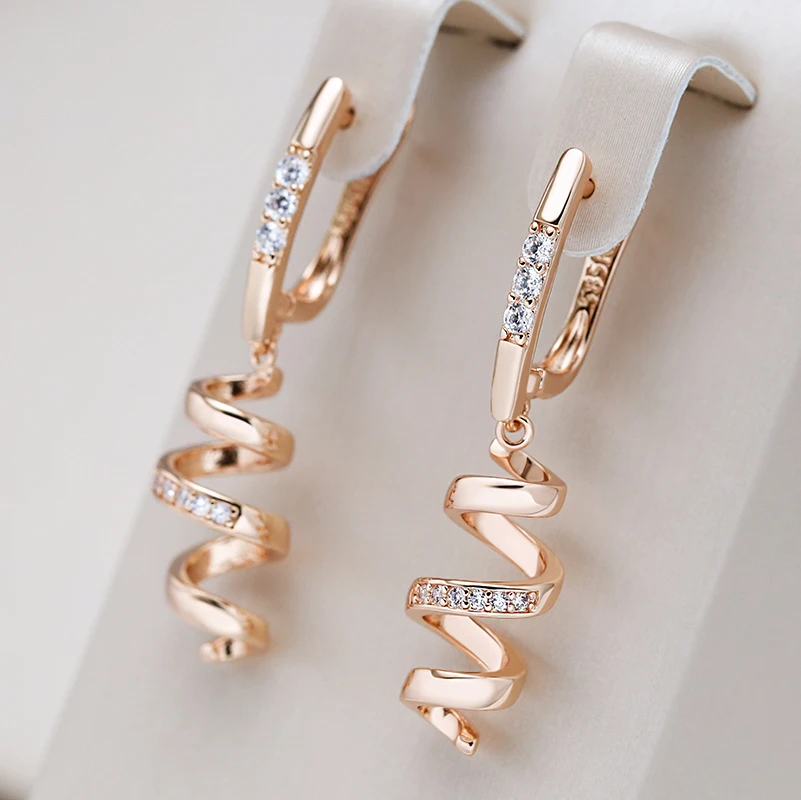 Wbmqda Hot Style Geometric Long Drop Earrings For Women 585 Rose Gold Color With White Natural Zircon 2023 Trending Jewelry