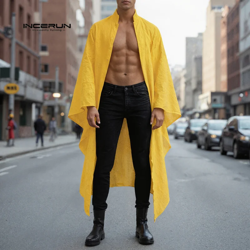 

INCERUN Men Long Style Trench Irregular Coats Solid Long Sleeve Male Cardigan Streetwear Loose Open Stitch Casual Outerwear Men