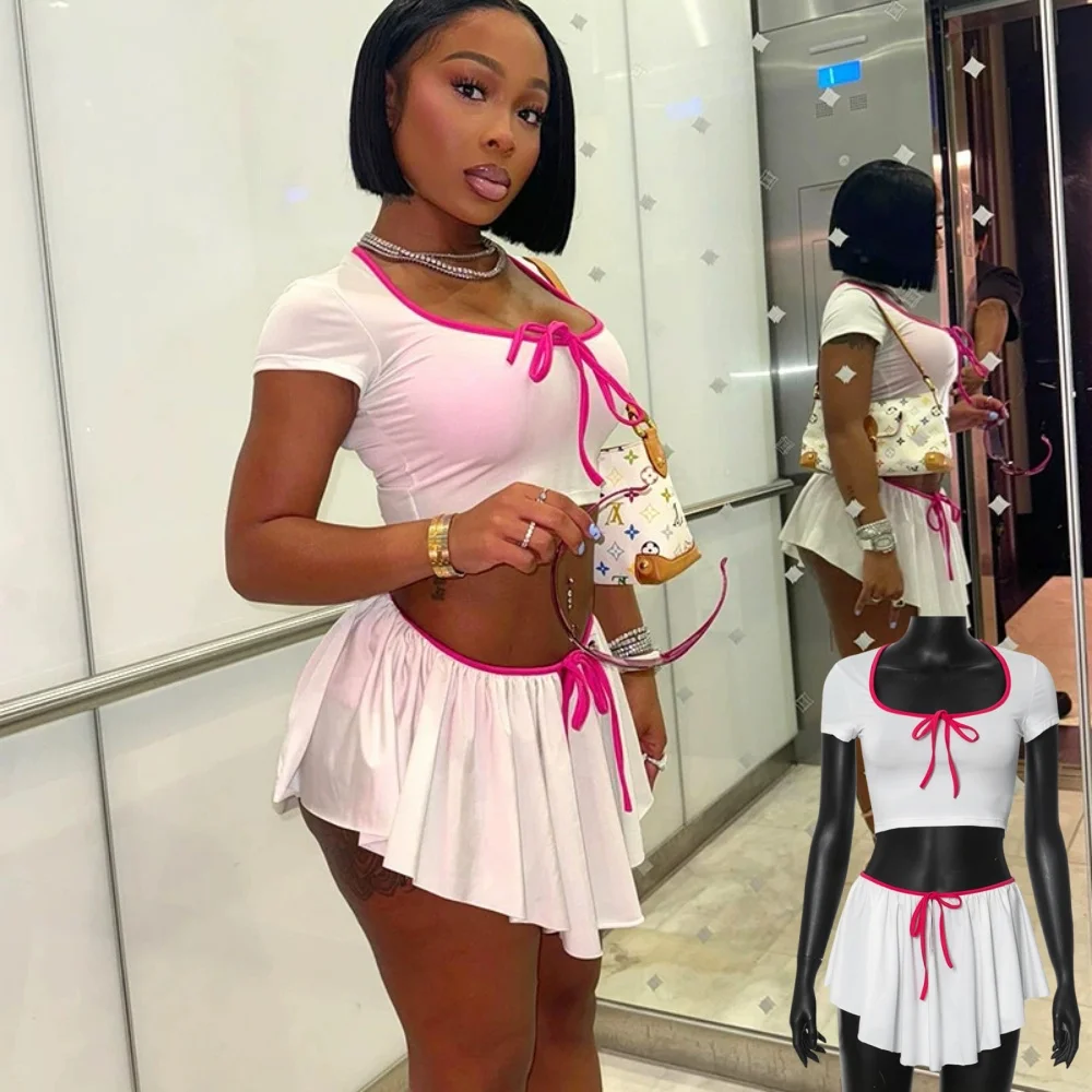 

FLARORA Sexy Bow Lace Up Two Piece Set Woman Solid Color Short Sleeve Crop Tops And Mini Pleated Skirts Outfits Y2k Streetwear
