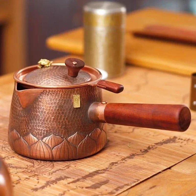 Pure Copper Vintage Boiling Tea Pot Home Use with Strainer Roasted Tea Canister Handmade Tea Separation Side Handle Pot