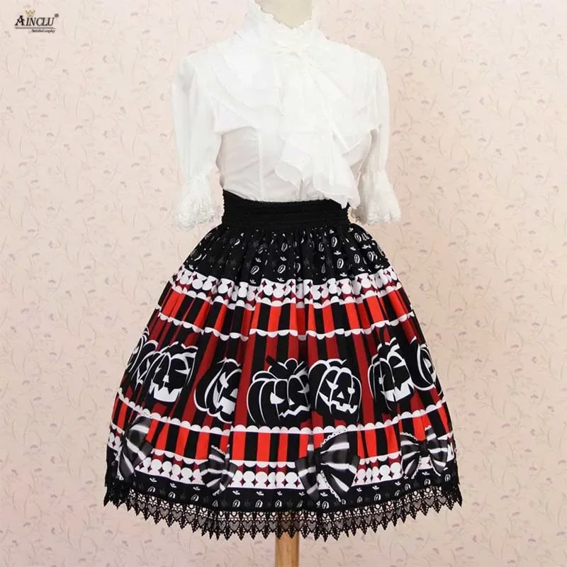 

Lace Dress Skirts Lolita Sweet Princess Black Halloween Pumpkin Little Devil Printed Pleated Lolita Lace Skirts Party Cosplay