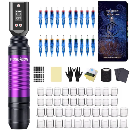 Imagen 2 del producto Kit de tatuaje POSEIDON, nuevo Kit de pluma de tatuaje con batería para maquillaje permanente, Kit de máquina de tatuaje, fuente de alimentación de tatuaje caliente, Kit de pistola de tatuaje