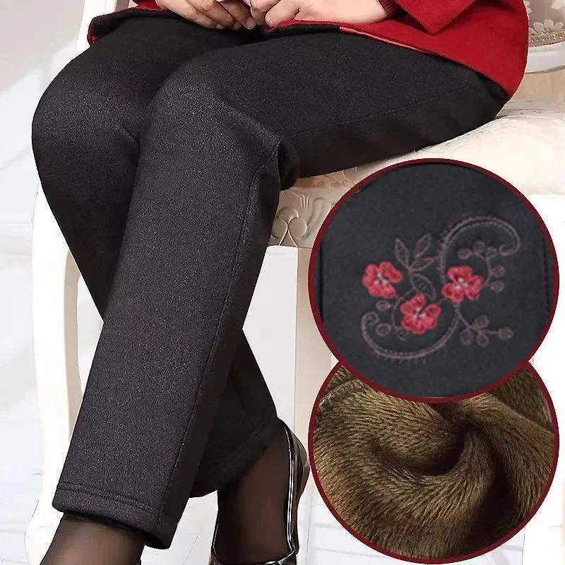 Elderly Women Winter Warm Velvet Elastic Waist Casual Straight Pants Female Trousers Loose Grandma Thicken Pant W1745