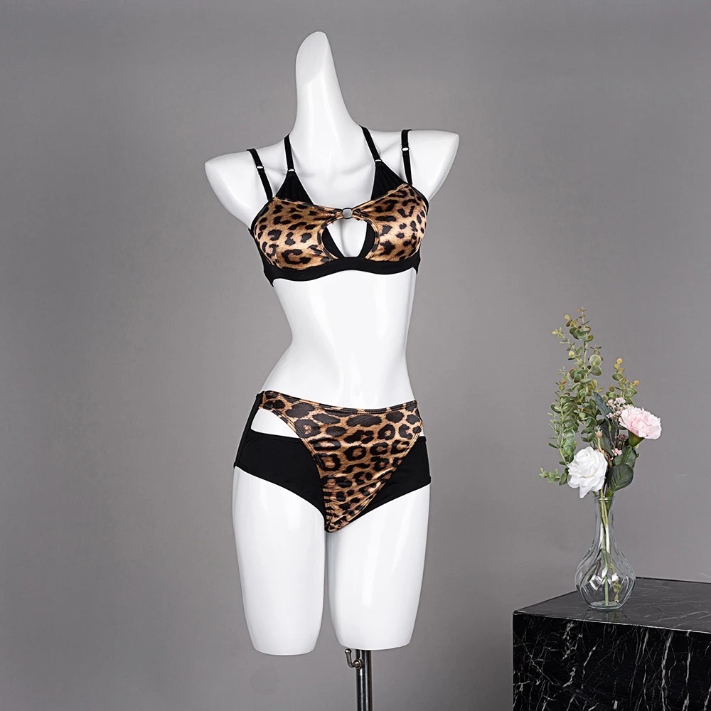 Hope&Win Women\'s Pole Dance Clothing Asymmetrical Crop Top With High-Waist Bottom Leopard Match Colors Sexy Erotic Clubwear