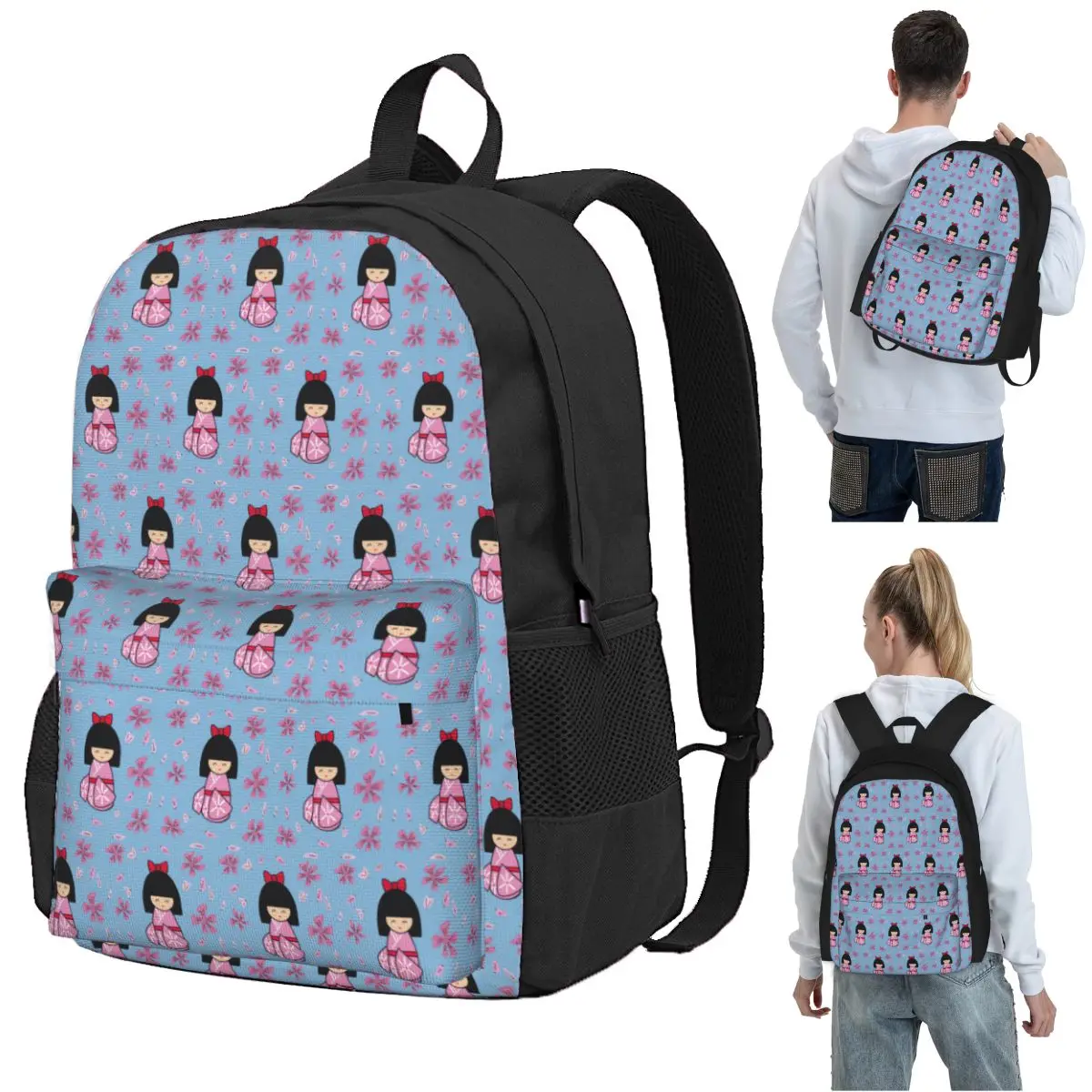 Kokeshi Doll Backpack Student BookBag Children School Bag Computer Shoulder Bags for Men Women