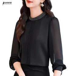 NAVIU Women Blouses Spring New Long Sleeve Stand Collar High quality Chain Pleated Shirt Office Lady Commuter Fashion Casual Top