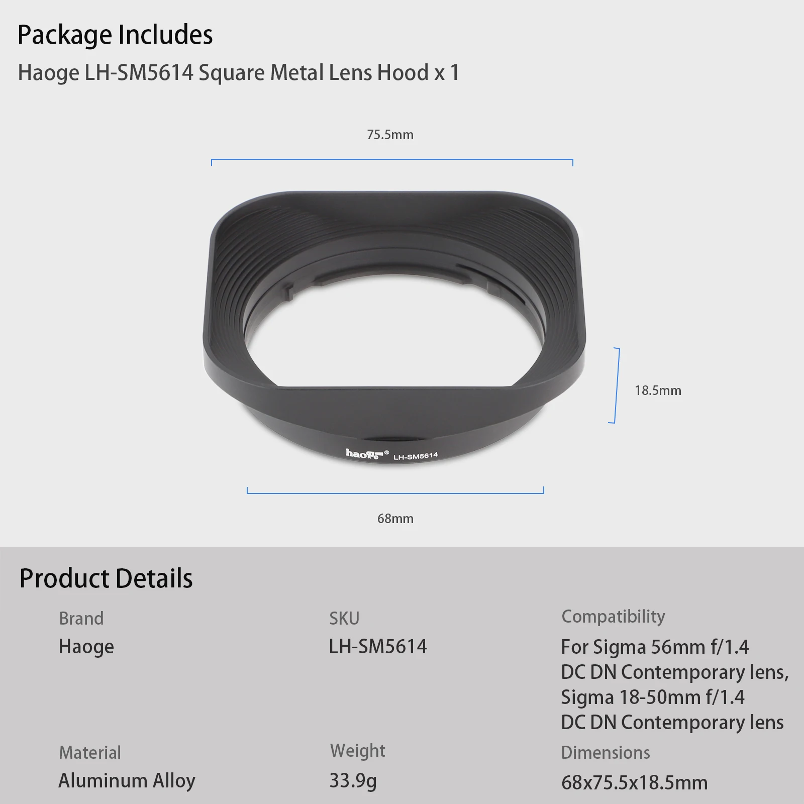 Haoge-parasol cuadrado de Metal para objetivo, bayoneta para Sigma 56mm F1.4,18-50mm F2.8 DC DN, LH-SM5614 de lente contemporáneo