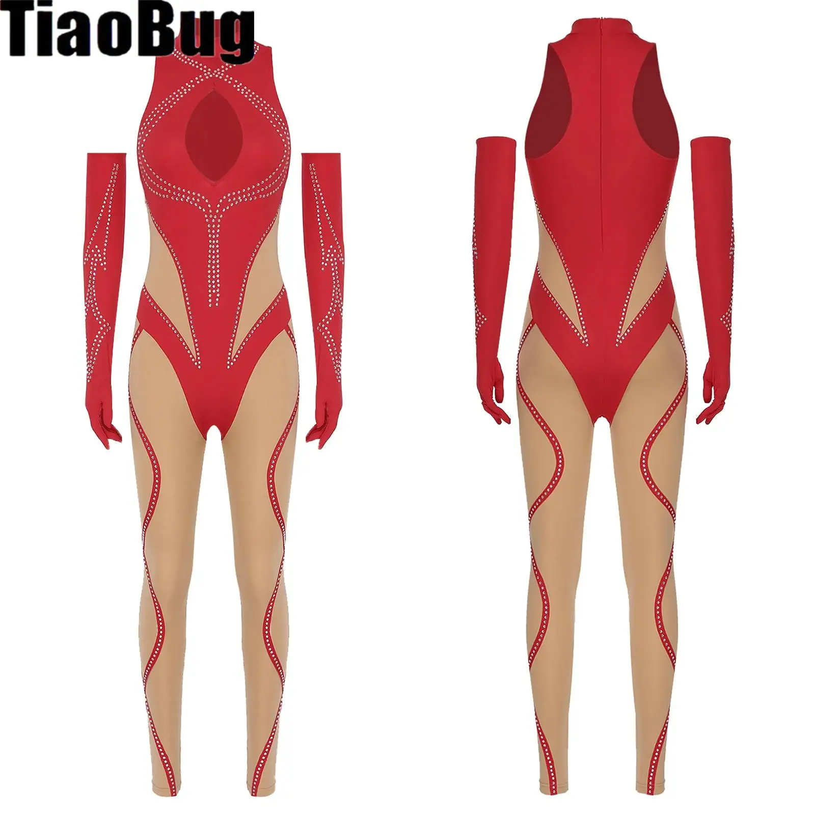 

Womens Gymnastics Glittery Jumpsuit And Full-finger Long Gloves Sleeveless Slim Rompers Bodysuit for Yoga Figure Skating