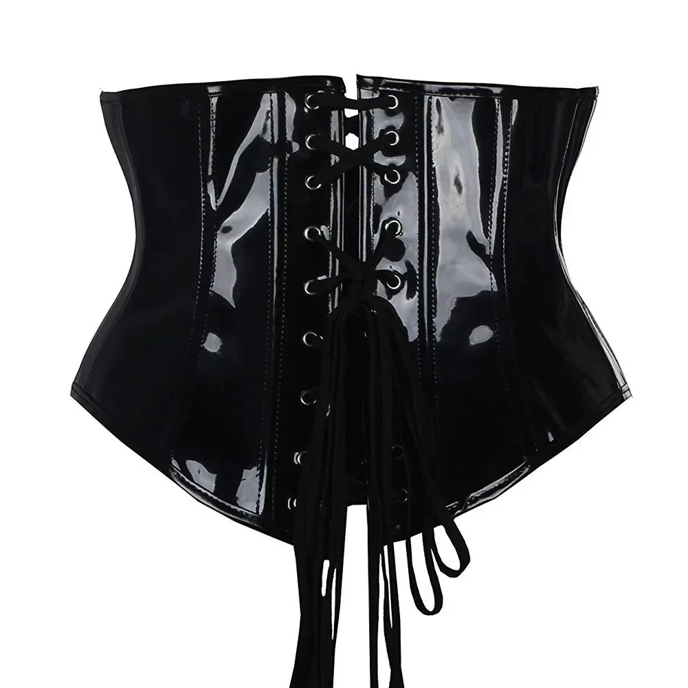 Underbust Corset Black PVC Leather Corset Belt Lace Up Gothic Punk Corset Vintage Top for Women