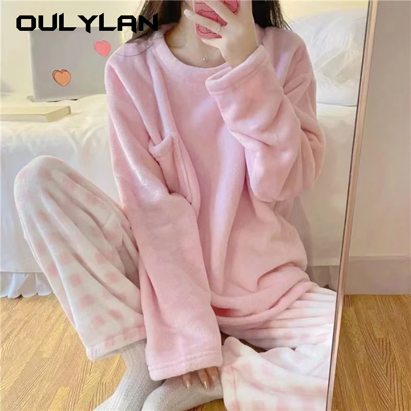 Fleece Thick Warm Women\'s Pajamas Set Winter Sleepwear Casual Solid Top and Plaid Pants Soft Pijamas Set for Women Home Suit