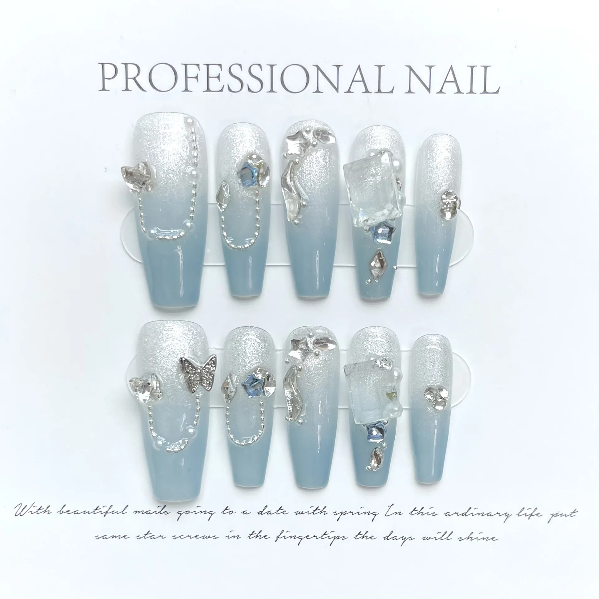 Handmade Press on Nails Gradient Blue Cat Eye Glitter Fake Nails Full Cover Wearable Glitter Fairy Butterfly Design False Nails
