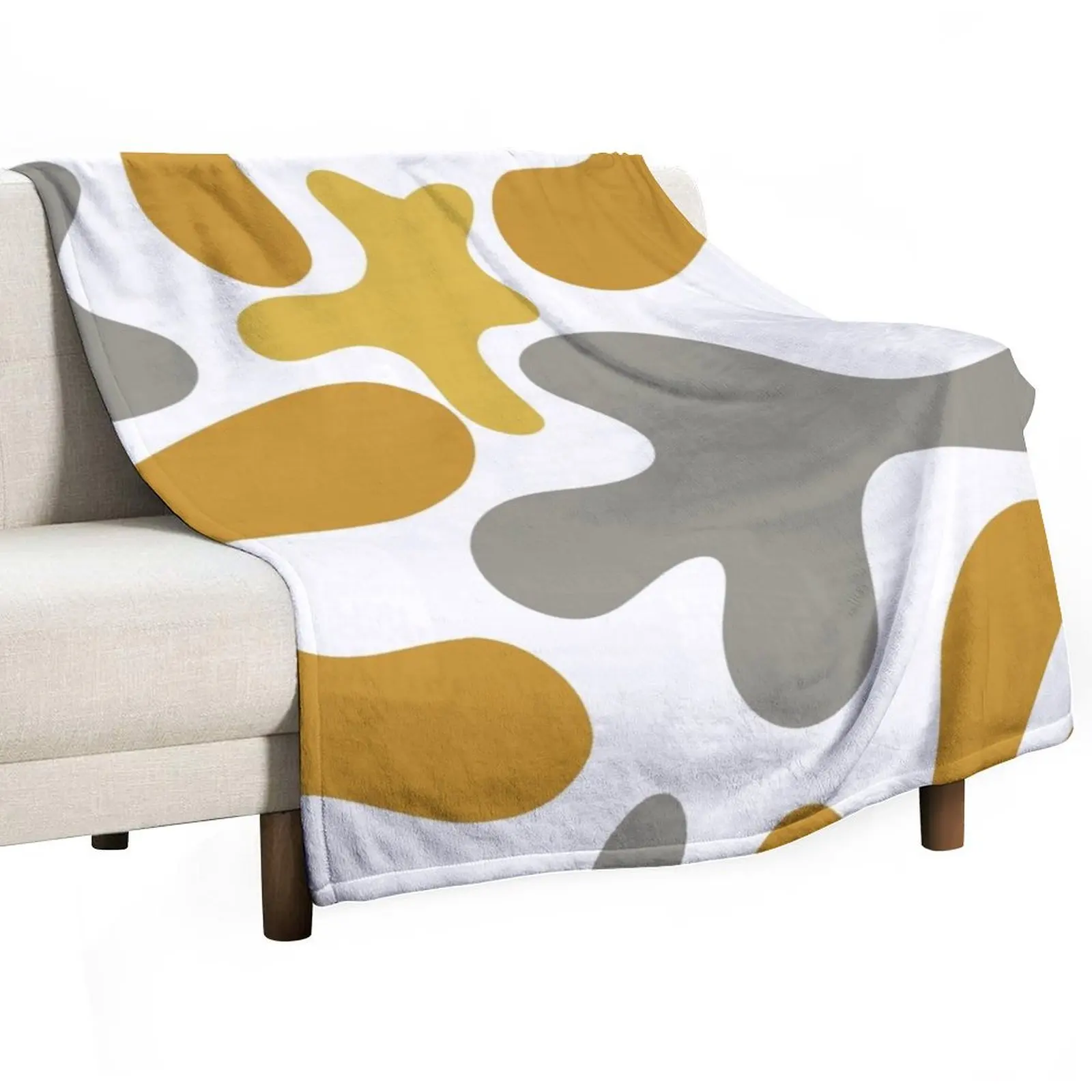 Cheerful Blobs Abstract Cutout Pattern in Mustard and Grey on White Throw Blanket Thin Single Blankets