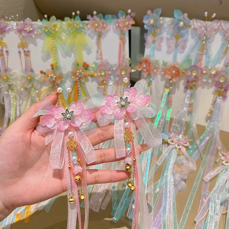 Girls Pink Hair Accessories Blue Ribbon Long Tassel Hairpins Crystal Beads Peals Flower Hair Clips Retro Chinese Hair Jewelry