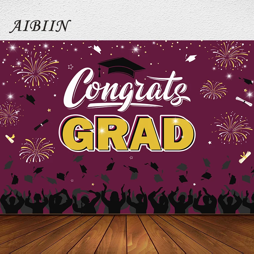 

AIBIIN Happy Graduation Backdrop Congratulations Graduates Glitter Bachelor Hat Prom Party photography Background decorations