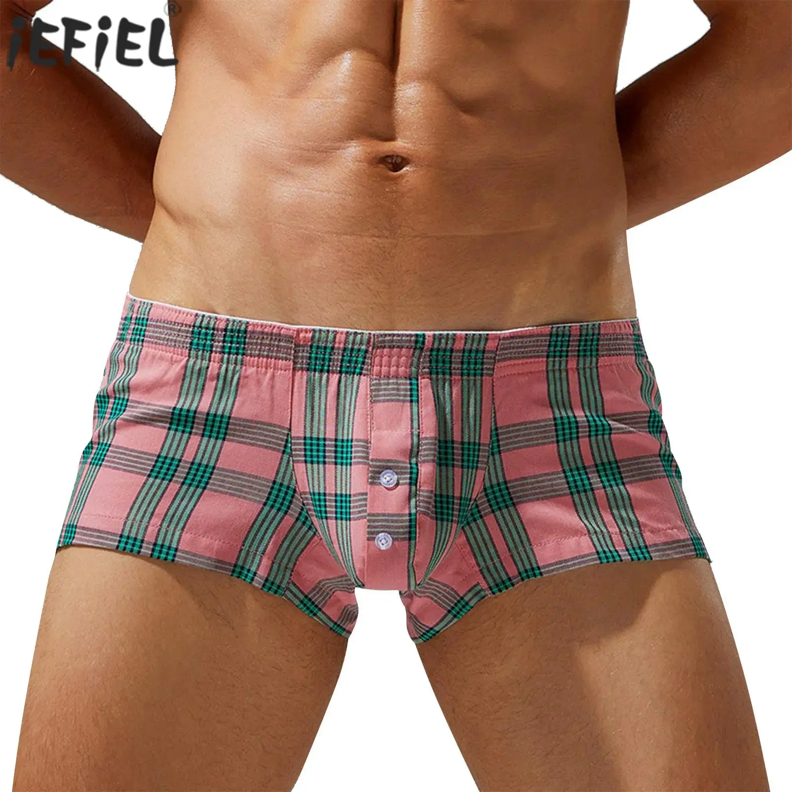 

Casual Plaid Underwear Shorts Men Low Rise Side Split Boxer Short Front Button Decor Home Wear Panties for Home-wear Pajamas