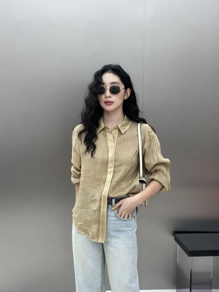 

Женская блузка Bodhl из смесового льна и шелка с плиссировкой, узором K, во французском стиле, свободного кроя, с длинными рукавами, на пуговицах