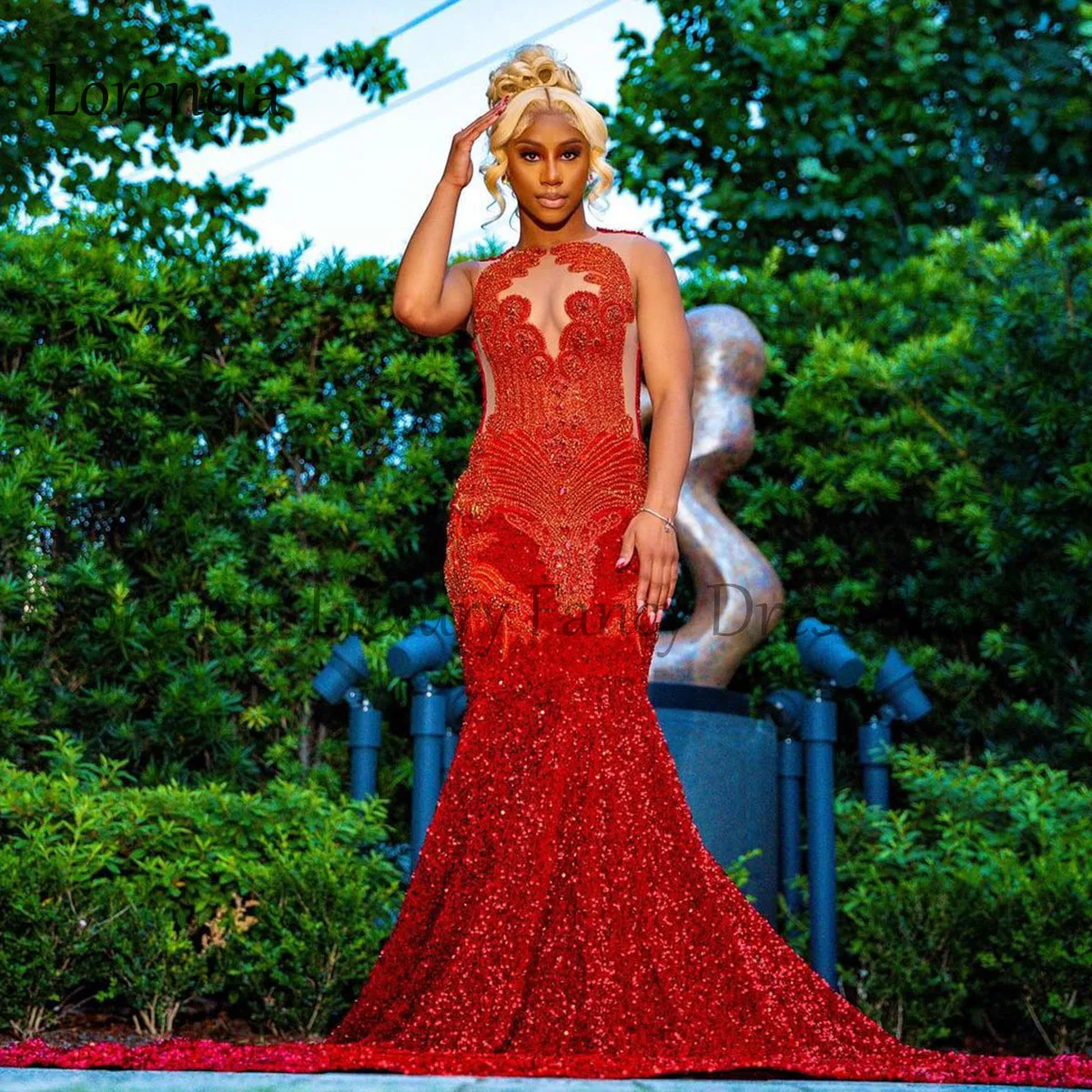 Vestidos de fiesta de sirena con diamantes de imitación para niñas negras, vestido de noche Formal sin mangas con cuentas de cristal, rojo, 2024