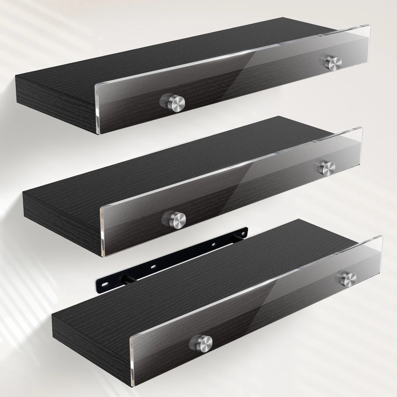 

3 pcs Hidden Bracket Wooden Shelf with Acrylic Backboard‌ Elegant and stylish, combining storage and decoration in one.