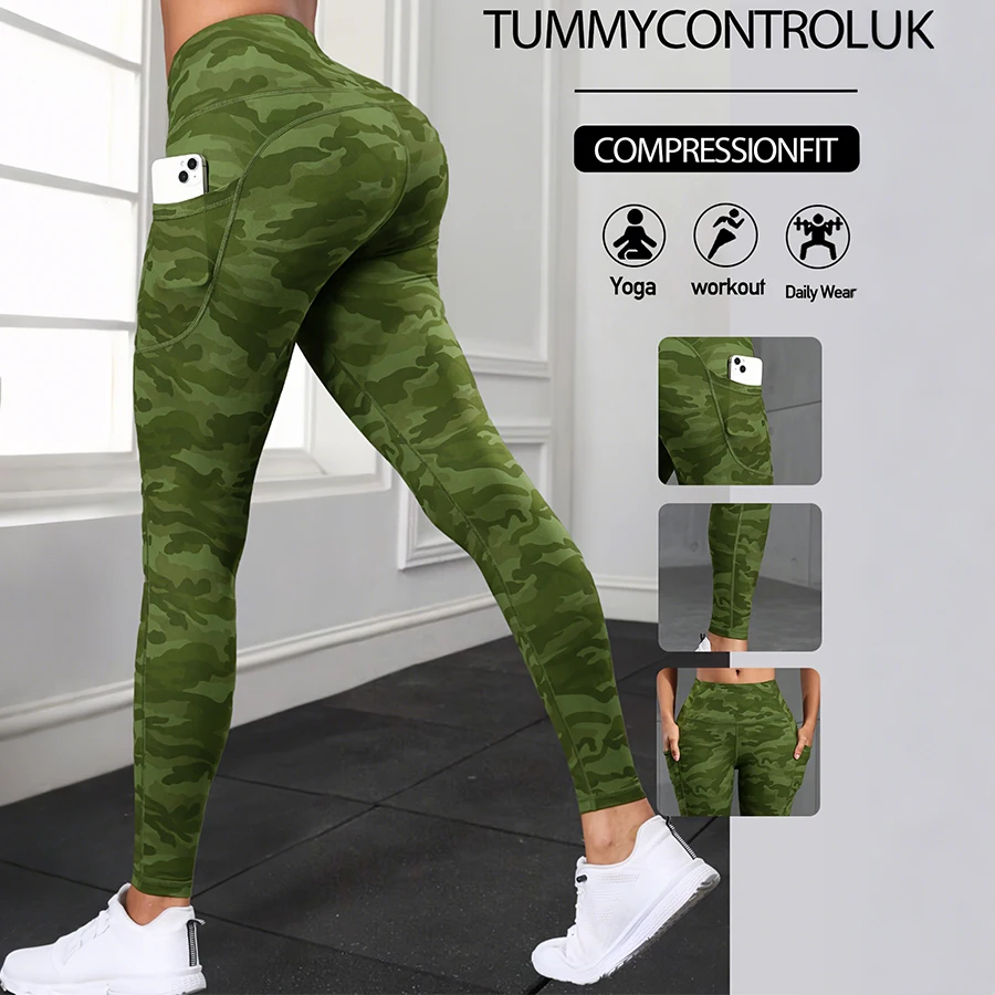 Leggings con Bolsillos para Mujer, Control de Abdomen, Cintura Alta, Pantalones de Yoga para Entrenamiento, Estampado de Camuflaje, Leggings Deportivos, Ropa Casual