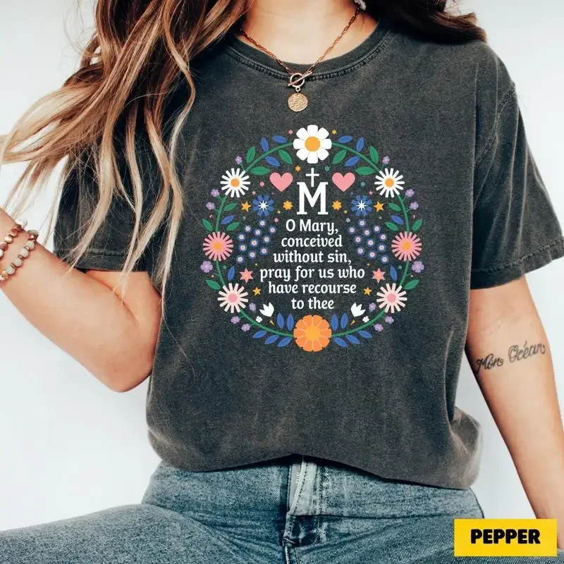 Marian Catholic T Shirt Virgin Mary Design Religious Floral Top for Women
