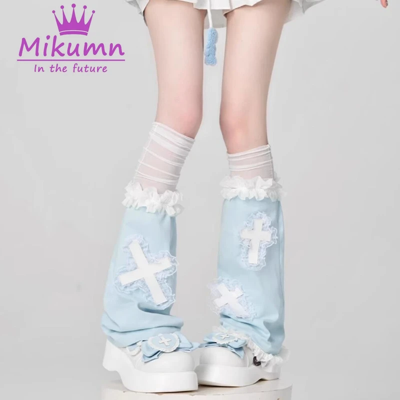 Mikumn Harajuku blu bianco rosa croce pizzo scaldamuscoli calzini donna Y2k ali d\'angelo copertura elastica gamba giapponese Kawaii stivali calzini