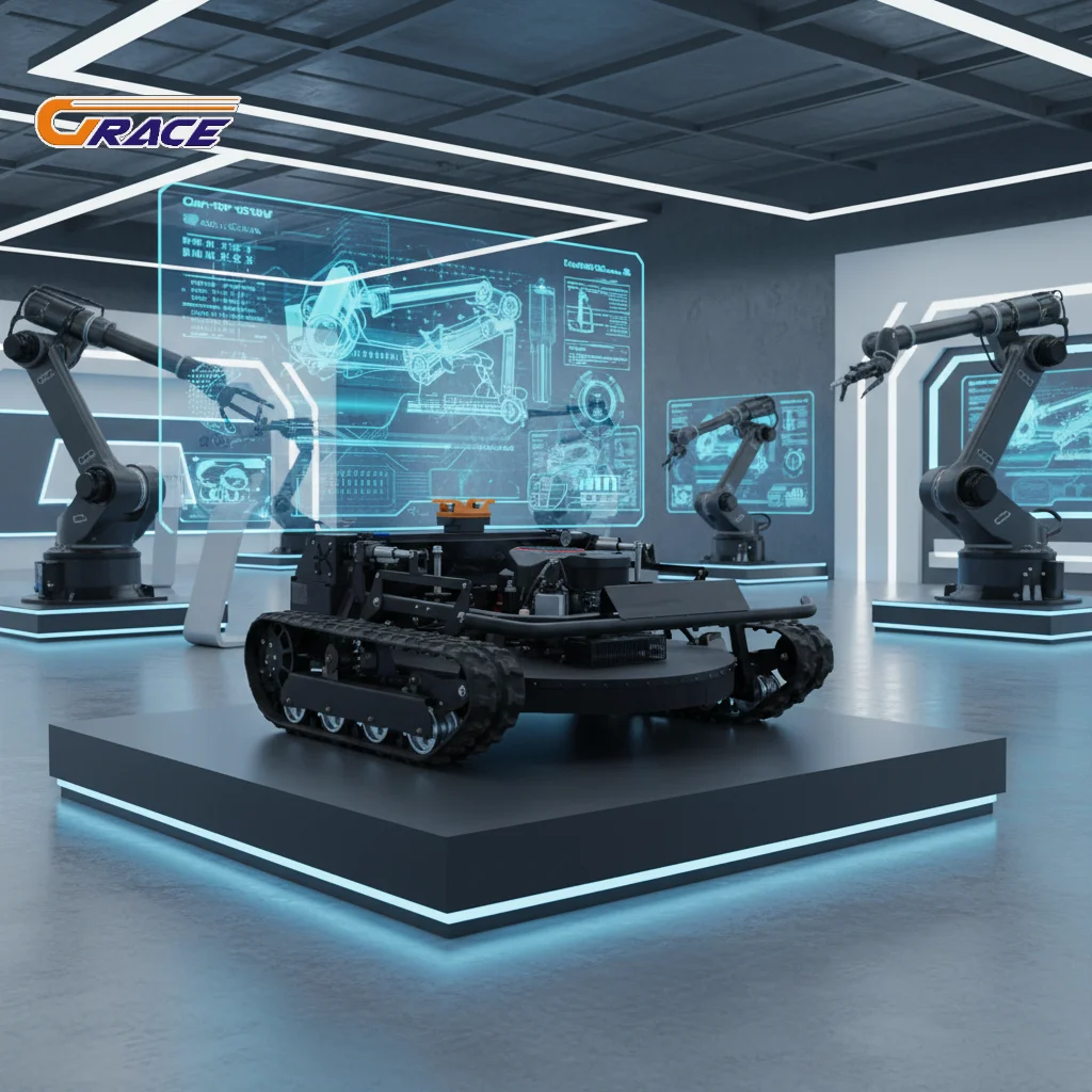 

Cordless Remote Control Crawler Lawn Mower Self Charging Electric Mower for Garden Commercial Use