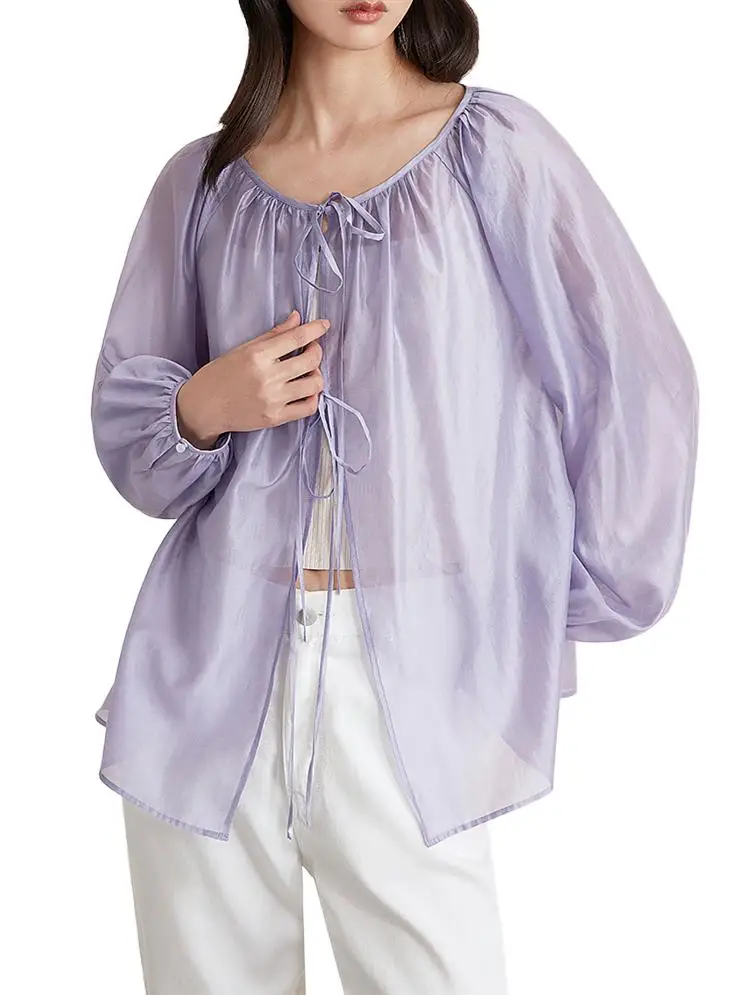 oversize Women's cardigan jacket 2023 Spring New fashion casual lavender Lyocell shirt thin lace up silk blouse tops black white