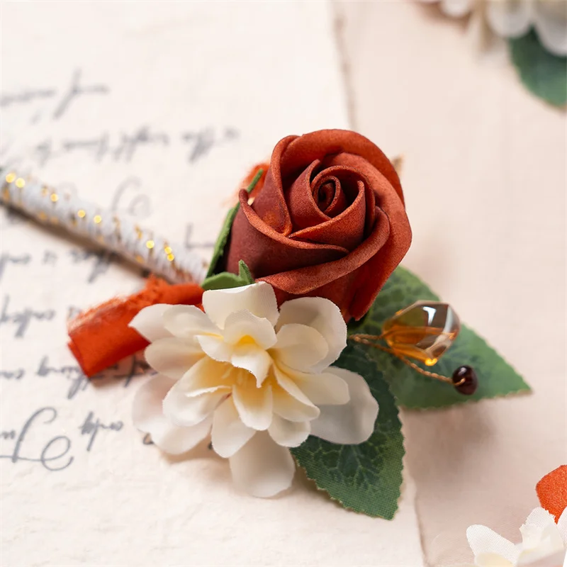Burnt Orange Boutonniere Groom Best Man Groomsmen Artificial Flowers for Wedding Ceremony Fall Vintage Rustic Marriage Prom