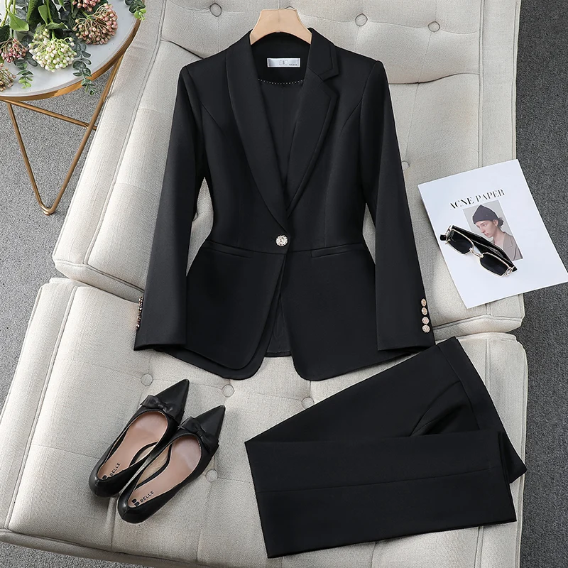 Fashion Blue Khaki Black Ladies Work Wear Blazer Pant Suit Women Female Formal Jacket and Trouser 2 Piece Set for Autumn Winter